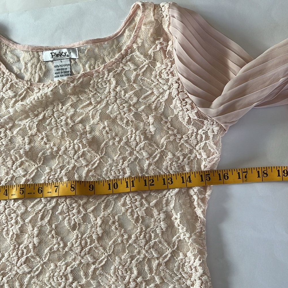 Pinky feminine sheer floral lace chiffon pleated bishop sleeve pullover pink L - Picture 11 of 14